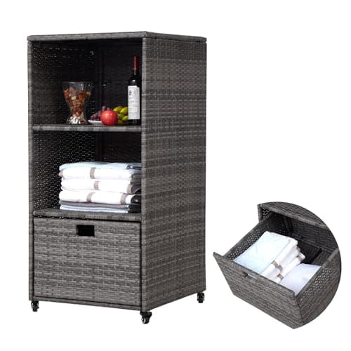 Kinfant Waterproof PE Rattan Towel Rack with Rolling Wheels, 2 Shelves, 1 Drawer, for Pool Patio