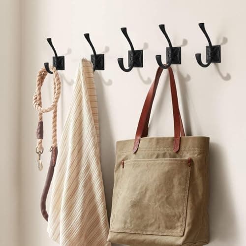5 Pack Matte Black Wall Hooks for Coats, Towels, Bags - 4.35 Inch Double Robe Hooks