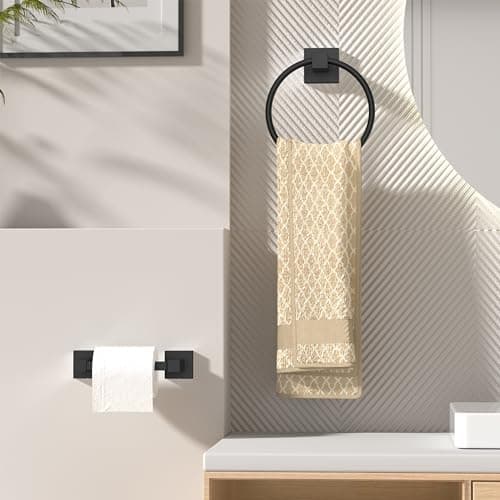 Modern Black Bathroom Hardware Set, Stainless Steel Towel Ring and Toilet Paper Holder for Wall Mount