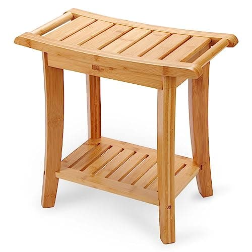 Waterproof Black Bamboo Shower Bench with Storage - Spacious for All Ages — Natural