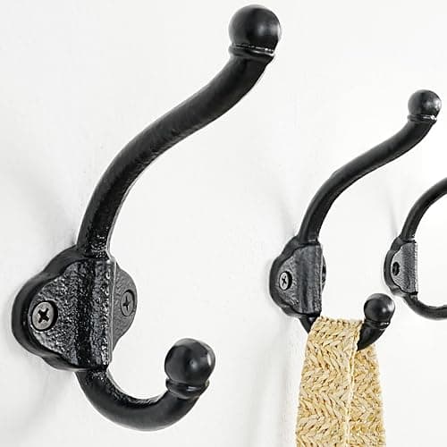 Vintage Bold Antique Black Cast Iron Wall Hooks, Heavy Duty, Pack of 5