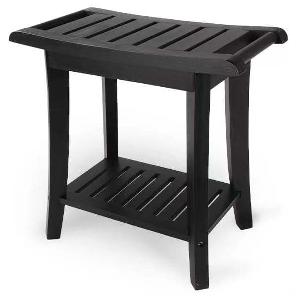 Waterproof Black Bamboo Shower Bench with Storage - Spacious for All Ages — Black