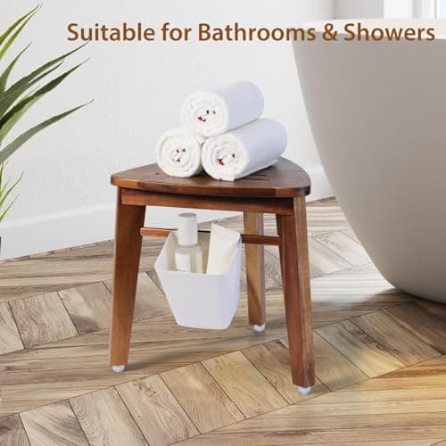 Acacia Wood 12.8'' Shower Stool with Storage Shelf for Small Showers