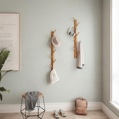 2-Pack Natural Bamboo Wood WallHooks 8-Coat Rack Entryway