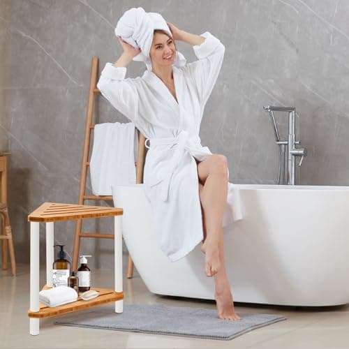 Bamboo Corner Shower Stool with White Metal Legs, Waterproof Storage Shelf