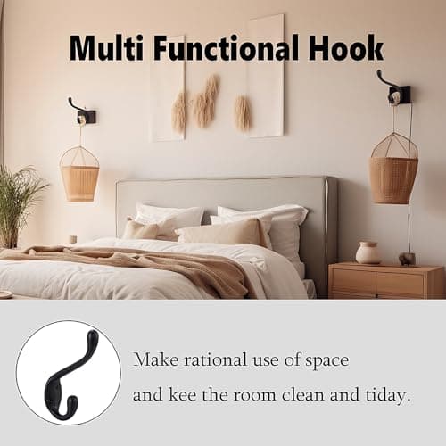 Durable Wall Mounted Coat Hooks - 5 Pack - Matte Black Double Prongs for Hanging Clothes/Towels