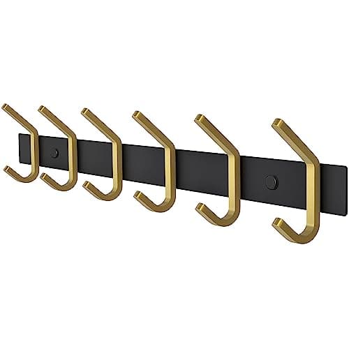 12-Inch Rustic Matte Black Coat Rack with 4 Double Hooks – SUS304 Stainless Steel – Wall Mount — Black + Gold