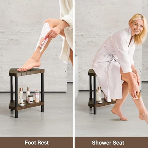 Non-Slip Brown Shower Bench for Inside Corner Showers with Adjustable Feet