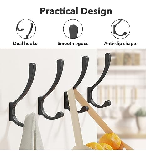 4 Pack Large Black Wall Hooks for Heavy Duty Coats and Bags