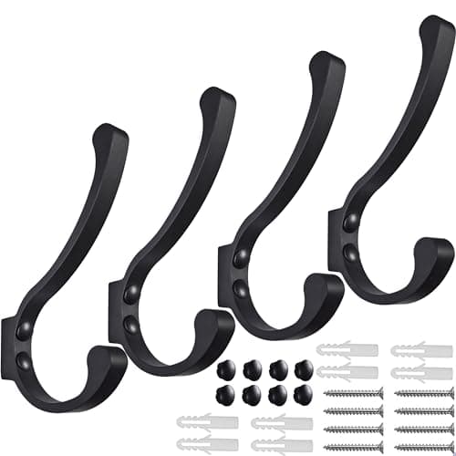 Heavy Duty Black Wall Hooks, 4 Pack for Coats, Scarves, Bags, Towels, Keys, Caps, Cups, Hats
