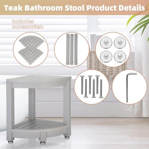 Magam Waterproof Teak Shower Stool with Storage & Non-Slip Feet (Gray)