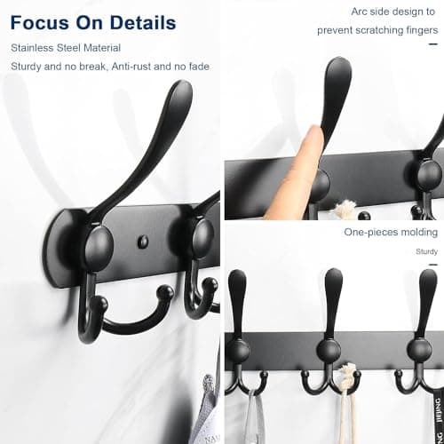 NearMoon Heavy Duty Coat Rack, 5 Hooks, Matte Black, Wall Mount Towel & Hat Hooks