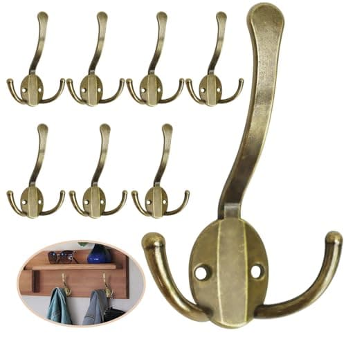 Heavy Duty 8 Pack Metal Coat Hooks, Large Prongs for Hanging Towels, Coats, Scarves - Rustproof White — 8 Pcs Antique Brass
