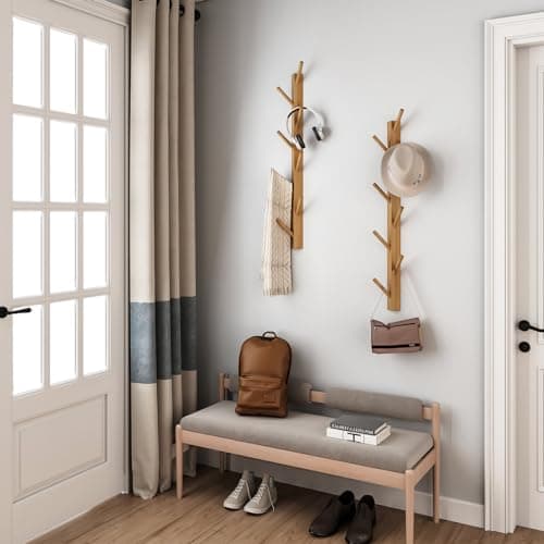 2-Pack Natural Bamboo Wood WallHooks 8-Coat Rack Entryway