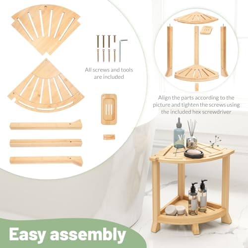 Bamboo Shower Bench with Storage, Non-Slip Waterproof Seat for Elderly, Shavingecess, 18 Inches