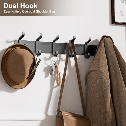Pickpiff Heavy Duty Black Coat Hook Rail with 6 Dual Hooks for Mudroom, Entryway, and More