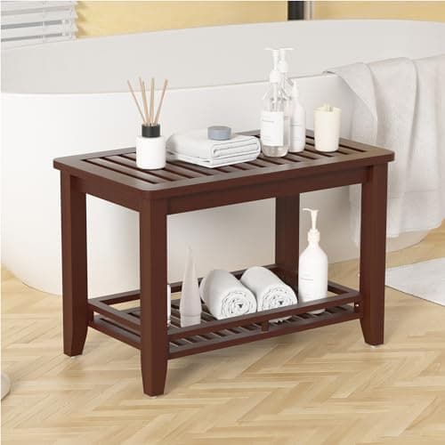 Forevich Bamboo Shower Bench Stool with Storage Shelf Black — Brown