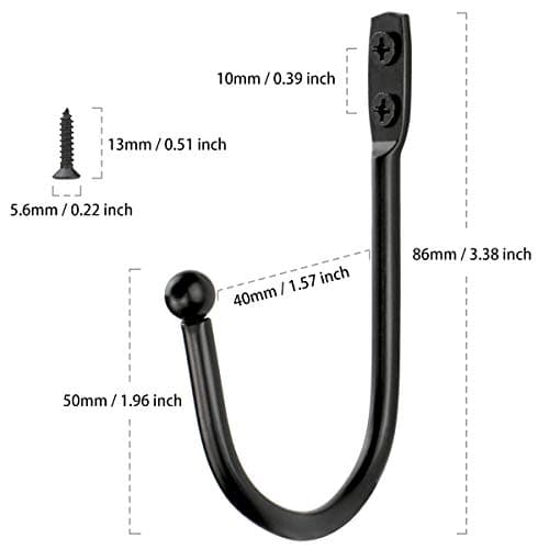Black Wrought Iron J Hook 16pcs Wall Mount Towel Hat Key Hanger, 32 Screws, Entryway Bathroom Kitchen Mudroom Decor