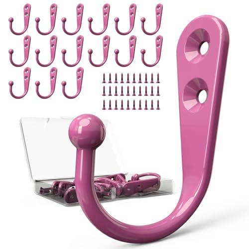 10 Pack Heavy Duty Black Wall Hooks for Mudroom, Backpacks, Robes + 30 Screws — 15PCS + Pink Hook