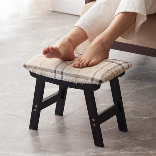 Bamboo Desk Foot Stool, Black Legs & Surface - Extra Seating — Black Stool Legs - Stripes Surface
