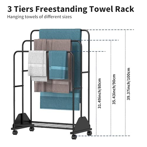 Black 3-Tier Freestanding Towel Rack for Bathroom and Bedroom