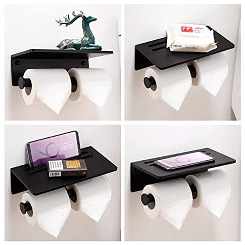 Rustproof Black 3M Adhesive Toilet Paper Holder with Phone Shelf