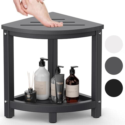 Corner Shower Stool with Storage Shelf - Waterproof HDPE Shower Seat for Indoor/Outdoor Use, White — Grey