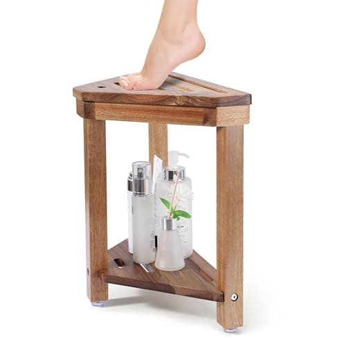 Corner Shower Foot Rest for Shaving Legs - Waterproof Acacia Wood Stool with Storage Shelf (14in)