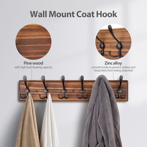 Brown Wooden Heavy Duty Coat Rack with 6 Hooks