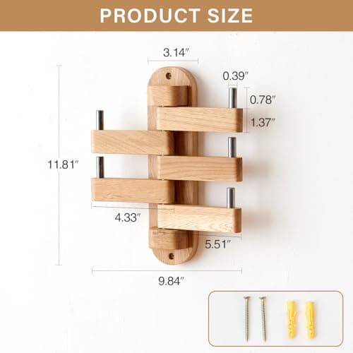 Natural Oak Swivel Coat Rack with 5 Arms for Wall (12") Kitchen Bedroom Bathroom