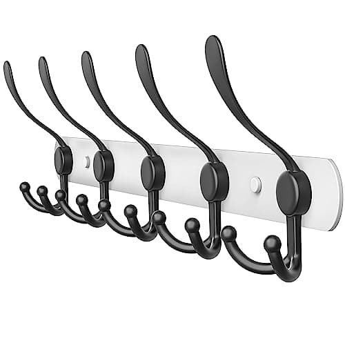 Heavy Duty Black Stainless Steel Coat Rack - 16 Inch Wall Mount - 5 Hooks — White + Black