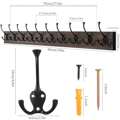IBosins 34'' Wall Mounted Coat Rack with 10 Decorative Hooks - Rustic Old Wood Entryway Organizer for Coats, Scarves, Bags, Towels, and Hats