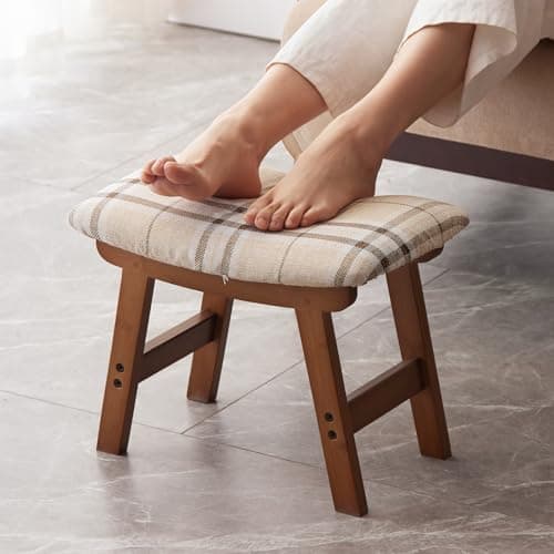 Bamboo Desk Foot Stool, Black Legs & Surface - Extra Seating — Brown Stool Legs - Stripes Surface
