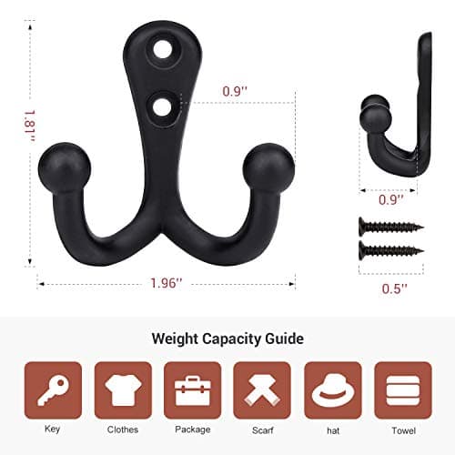 6-pack Heavy Duty Vintage Coat Hooks with Double Prongs for Wall Mounting - Black