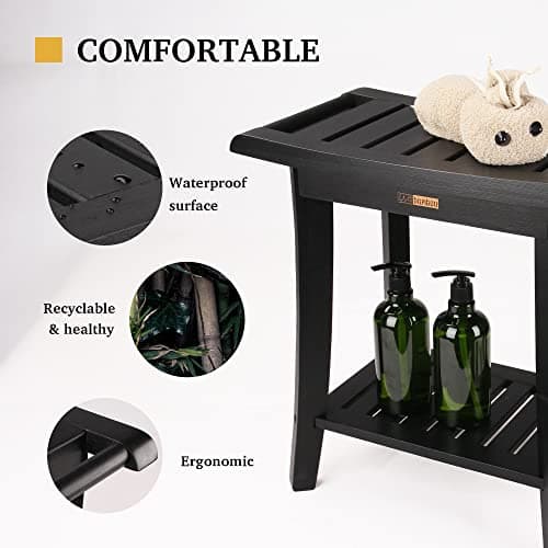 Waterproof Black Bamboo Shower Bench with Storage - Spacious for All Ages