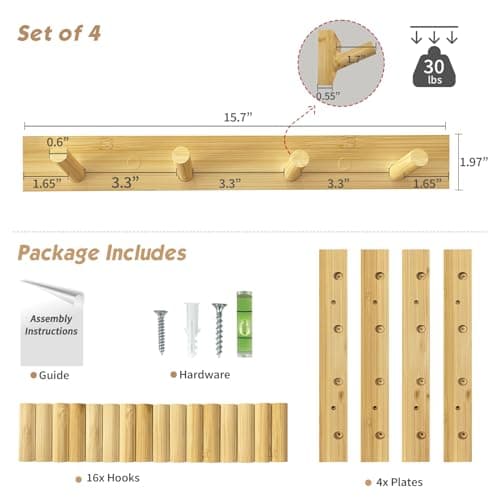 Forbena Natural Wood Coat Rack, 16 Hooks, Wall Mount Set - Kids &amp; Girls Room