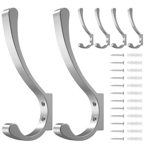 4 Pack Large Black Wall Hooks for Heavy Duty Coats and Bags — Silver