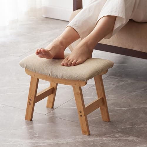 Bamboo Desk Foot Stool, Black Legs & Surface - Extra Seating — Natural Stool Legs - Beige Surface