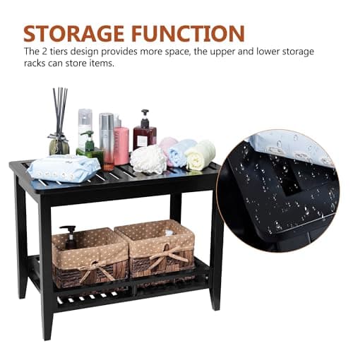 Forevich Bamboo Shower Bench Stool with Storage Shelf Black