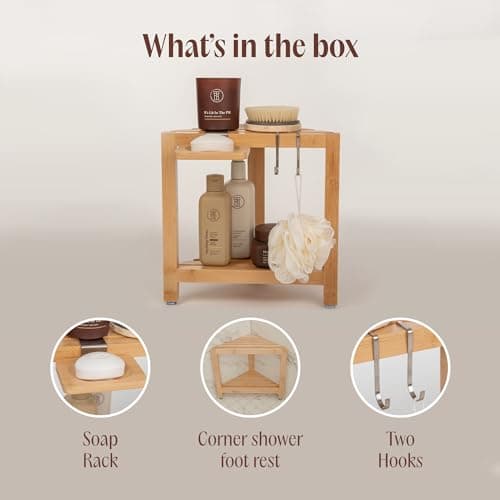 ATALIA Corner Shower Stool - Waterproof Bamboo Leg Shaver Rest with Storage Shelf