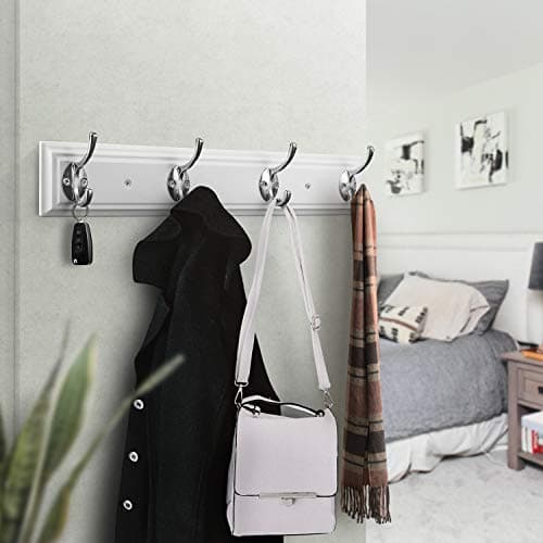 White Wall Mount Coat Rack, 17" Wood & 4 Hooks, Heavy Duty Zinc Alloy, Perfect for Bedroom, Bathroom, Kitchen