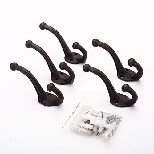 5-Pack Ambipolar Heavy Duty Cast Iron Wall Hooks - Rustic Antique Black for Mudroom and More