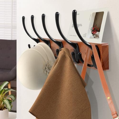 Wall Mounted Coat Rack with 5 Hooks, Wooden and Metal Design for Entryway