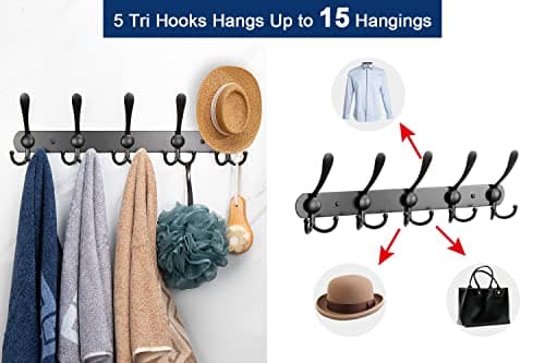NearMoon Heavy Duty Coat Rack, 5 Hooks, Matte Black, Wall Mount Towel & Hat Hooks
