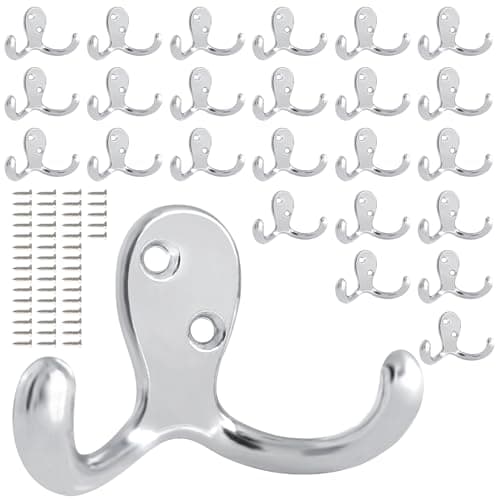 10 Pack Heavy Duty Wall Hooks for Coats, Bags, and Towels - Metal Double Prong (Black) — Silver-25pack