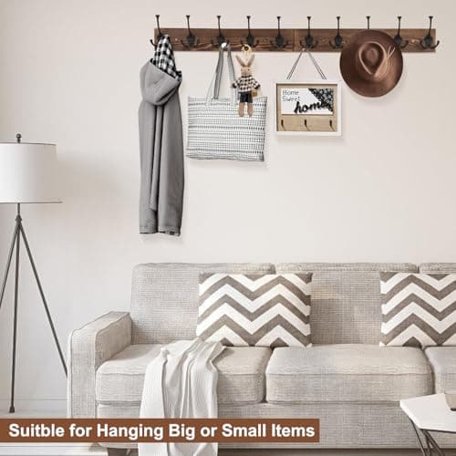 Rustic Large Coat Rack with 10 Hooks for Entryway and Farmhouse Style
