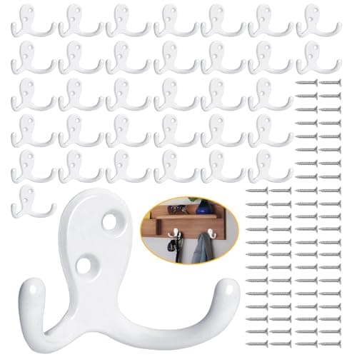 Heavy Duty 24 Pack Double Prong Coat Hooks, No Rust Black Metal Wall Hooks — 34 Pcs White