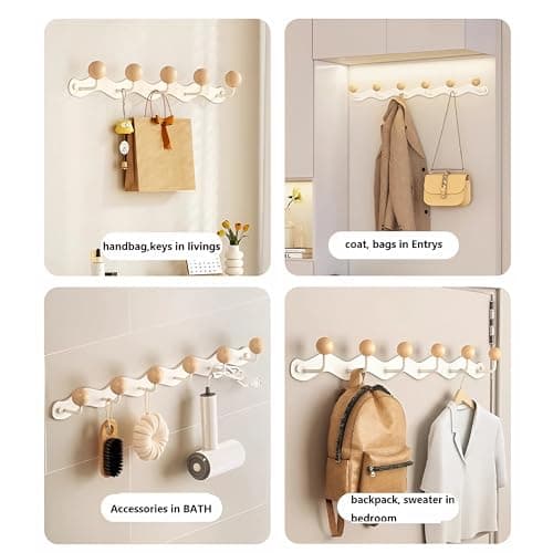 Anti-Tear Wood Ball Hook Rail, Heavy Duty Metal Coats Hanger, 1 Pack (4 Tri Hooks)