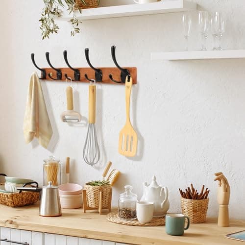 Wall Mounted Coat Rack with 5 Hooks, Wooden and Metal Design for Entryway