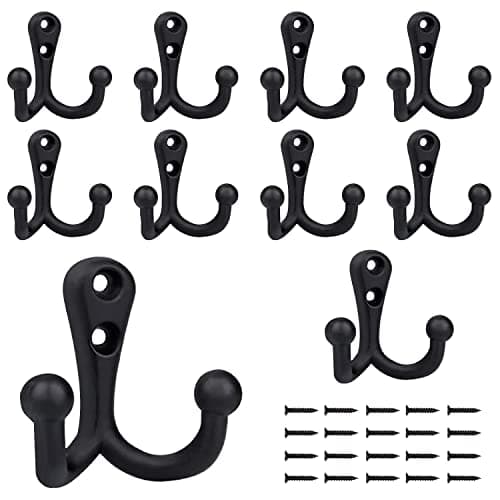 6-pack Heavy Duty Vintage Coat Hooks with Double Prongs for Wall Mounting - Black — 10 PACK